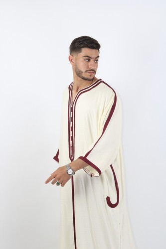 Mens Premium Moroccan Thobe Cream & Maroon Robe Jubbah Kaftan Short Sleeves - Picture 5 of 9