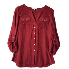 Notations Blouse Women's Medium Burgundy Roll Tab Sleeves Pockets Semi Sheer