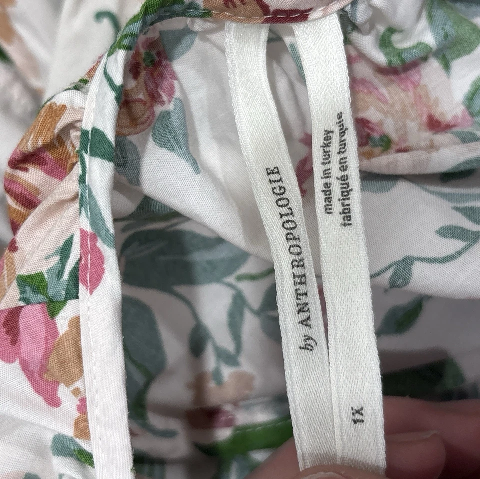 Anthropologie Somerset Dress Size 1X White Pink Floral Maxi Puff Sleeve Cotton - Image 3 of 4