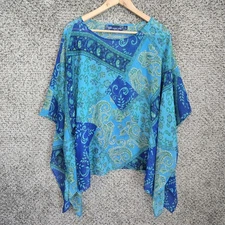 Susan Graver Top Womens XL Blue Paisley Print Blouse Sheer Poncho Casual Ladies