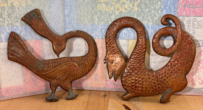 Pair of Vintage Double Sided Hammered Copper Mythical Creatures, 5''h