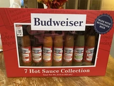 Budweiser 7 Hot Sauce, Collection Gift Set,  New In Box 3 Fl Oz Bottles