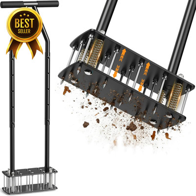 Manual Lawn Aerator 15 Steel Spikes Spring Loaded Garden Soil Tool