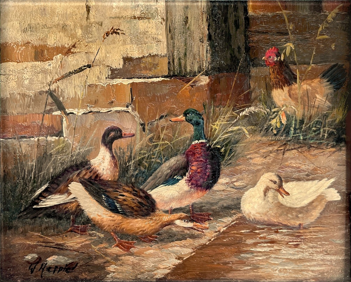 Standing Mallard アンティーク O'DAY Original 19th c Antique OIL PAINTING Mallard Duck Chicken