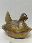 RARE Vtg Indiana Glass 7” Hen on Nest - Golden Carnival Amber Iridescent- MINT