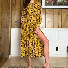 RIXO Silk Mustard Tiger Print Dress NEW Size S
