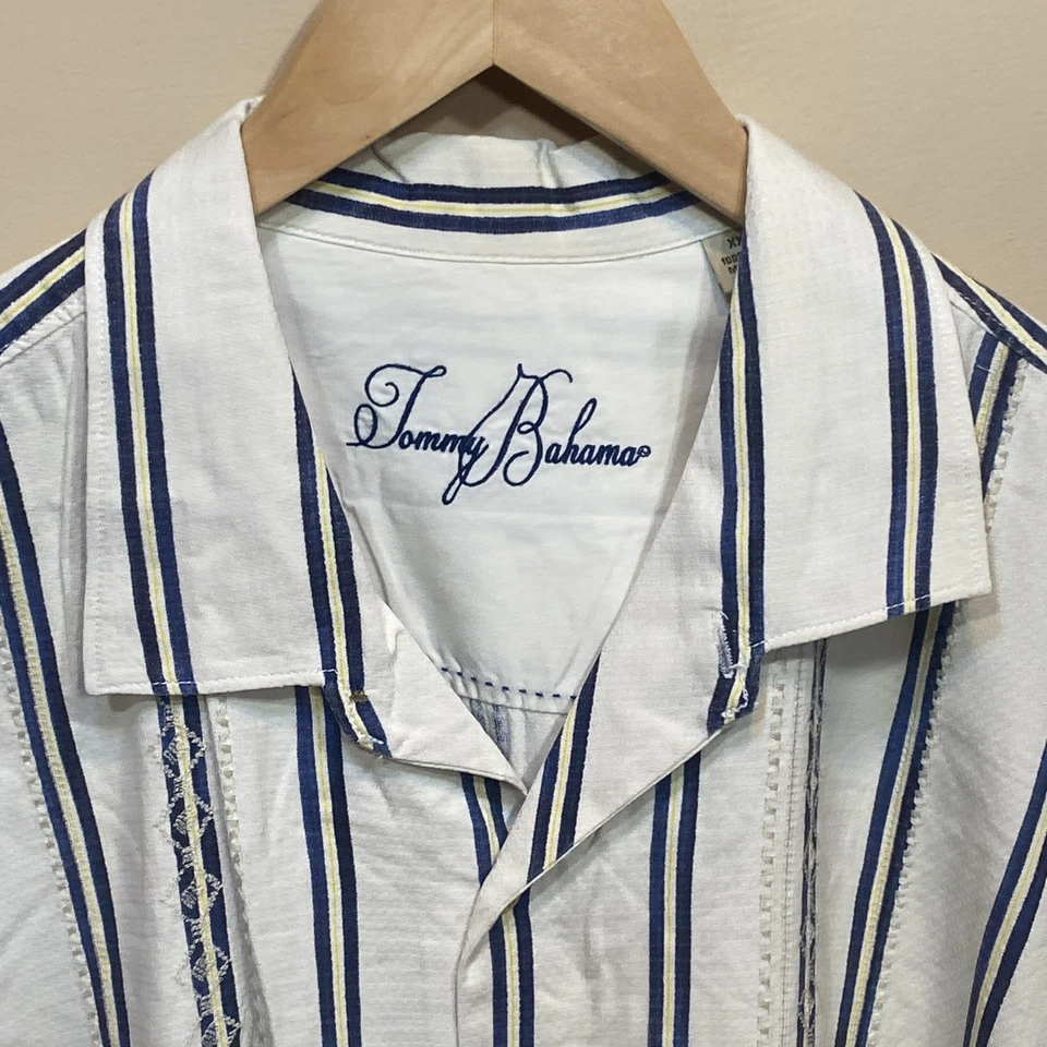 Camisa TOMMY BAHAMA Para Hombres 2XL Azul Rayas Manga Corta Abotonada Campamento Soprano T4 Foto 4 de 4