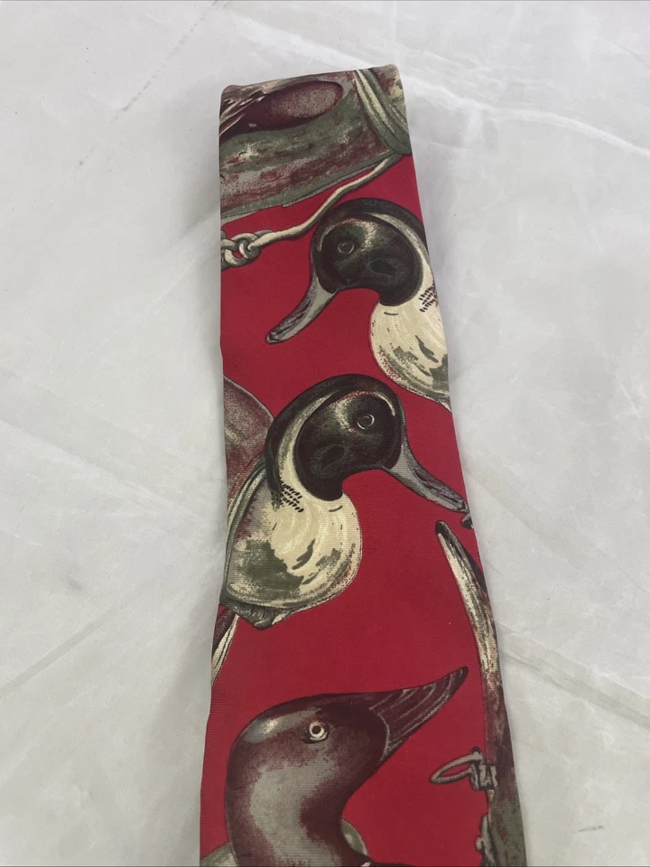 Corbata Ducks Unlimited Vintage Patos Mallard Rojo Verde Marrón Toda Seda Hecha en EE. UU. Foto 4 de 4
