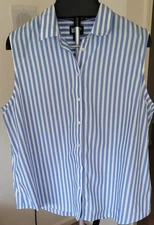 Lands End 18 XL Sleeveless NO IRON Button-Down Shirt Blue White Striped Top