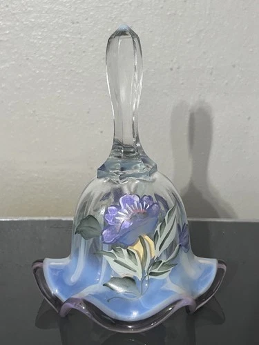 Vintage Fenton Glass Bell Iridescent Purple Floral HP Ruffled D. Frederick