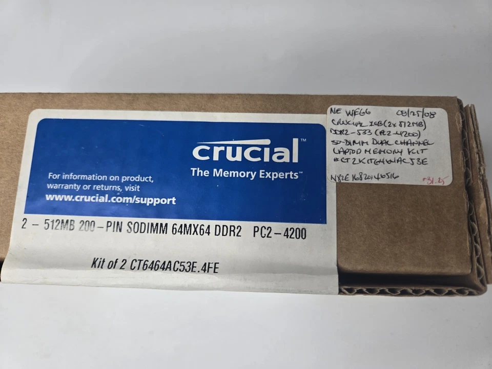SELLADO Crucial x2 512MB 200 RAM Sticks - SODIMM 64MX64 DDR2 PC2-4200 Foto 2 de 4