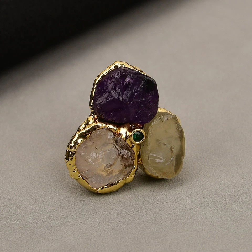 Anillos para mujer enchapados en oro citrino amarillo cuarzo amatista púrpura natural Foto 4 de 4