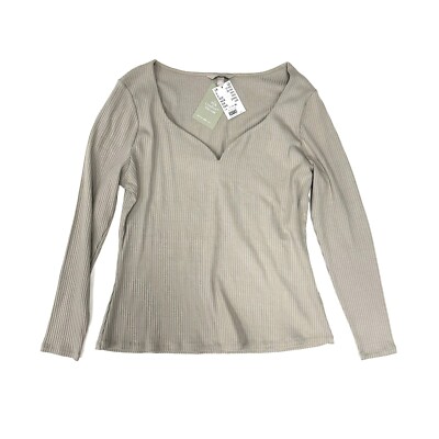 BNWT H&M XL V Neck Stone/Grey Ribbed Long Sleeve Top