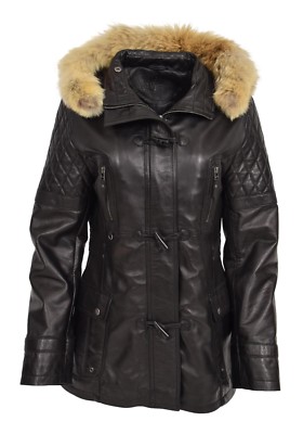 Womens Duffle Coat BLACK Soft Leather Slim Fit Detachable Hood