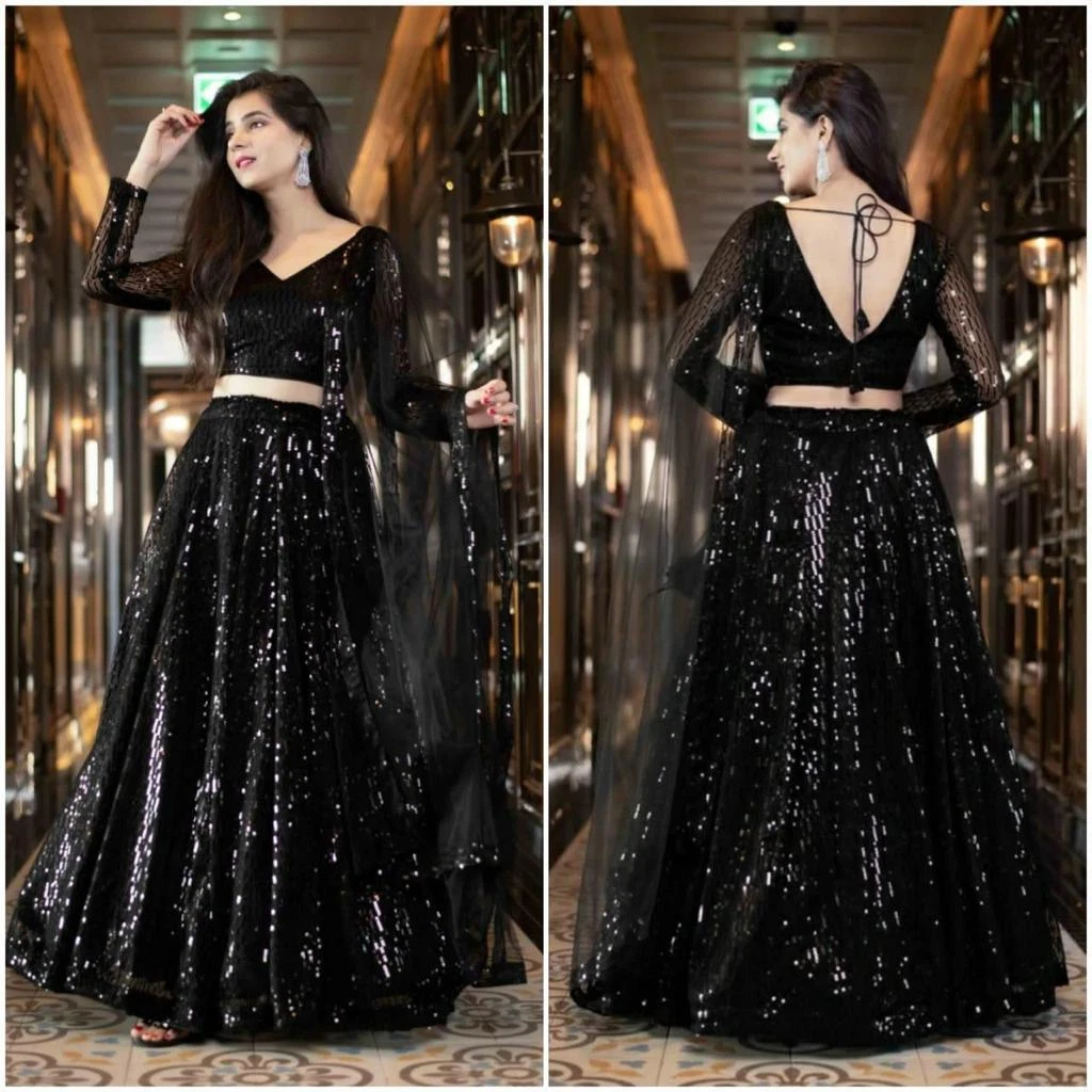 Black Sangeet Night Party Wear Sequins Indian Traditional Lehenga Choli Wedding