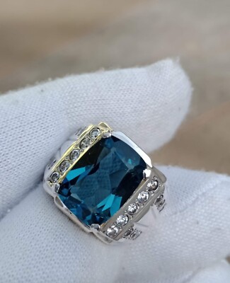 Lab Created Blautopas Kissenschliff Edelstein 925 Sterlingsilber Herrenring RD13