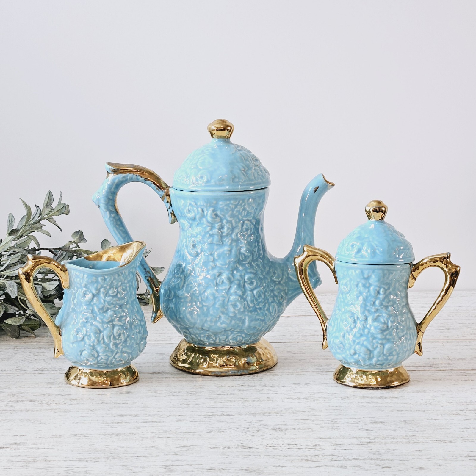 Vintage Aqua Blue Turquoise Teapot Gold Plated Textured Finish Creamer & Sugar-image