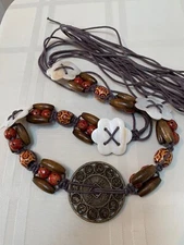 BELT WOMEN’S TIE SASH WOOD BEADS MOTHER OF PEARL CHINESE YEAR TOKEN VINTAGE BB2