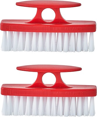 Superio 2P Heavy Duty Durable Red Nail Brush Cleaner with Handle Stiff Bristles