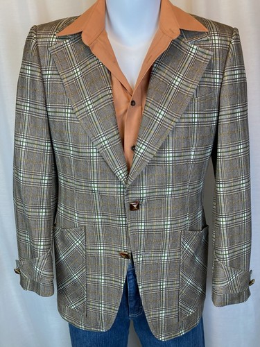 Vtg 70s Men's Size 38 Disco Sport Coat Suit Jacket Brown Plaid Sleeve Bands - Picture 2 of 11