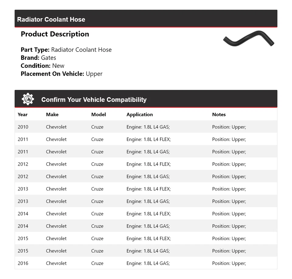 Manguera de refrigerante de radiador para Chevrolet Cruze 2010-2016 puertas superiores 2011 2012 2013 Foto 2 de 3