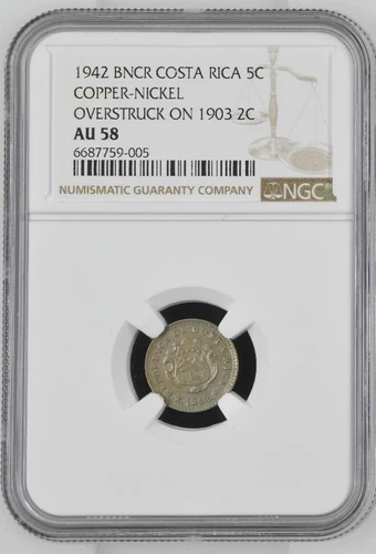 Costa Rica 5 Centimos 1942 BNCR Copper-Nickel Overstruck 1903 2c NGC AU 58