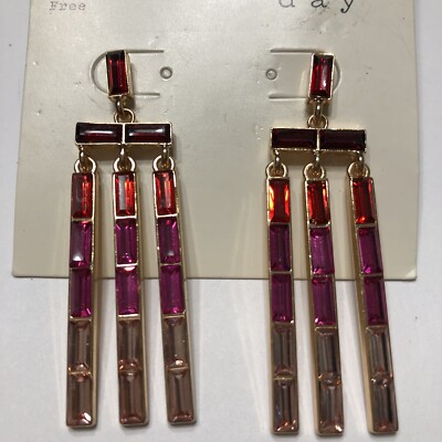 A New Day Baguette Stone Waterfall Drop Earrings in Red NWT