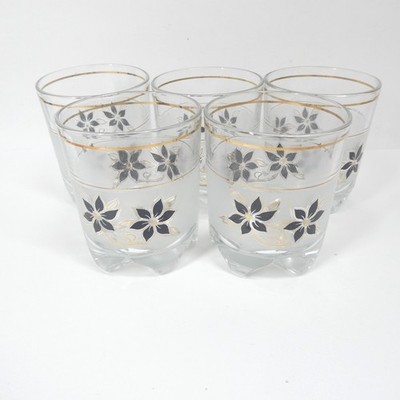 Decover Italy Set 5 Rocks Glasses Cocktail Black Gold Frosted Floral Vintage MCM