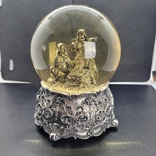 Vintage Musical See Video Nativity Snow Globe Holy Fam Silver Ornate Metal Base