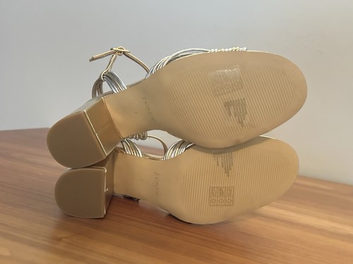 ✨ J.Crew Metallic Gold & Silver Strappy Heels - Size 7 - Block Heel Retro Style - Picture 7 of 10