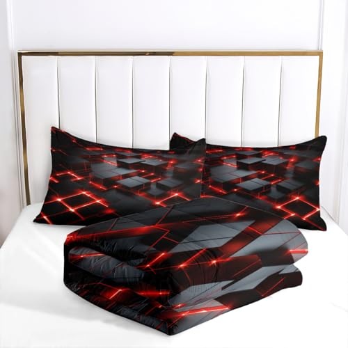 Red Black Geometric Comforter Set King Size 3D King(104" x 90") Red- Black - Picture 5 of 8