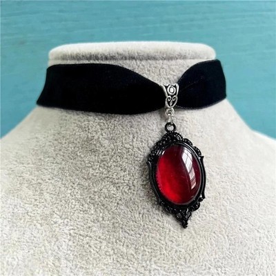 Gothic Witch Pagan Red Pendant Velvet Choker Necklace for Women   Vintage