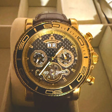 Pionier Men's Automatic Watch Black Dial Gold Case Brown Leather Day Date