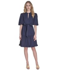 Vince Camuto Split-Neckline Elbow-Sleeve Tie Waist Dress Women's 8 Navy Pullover