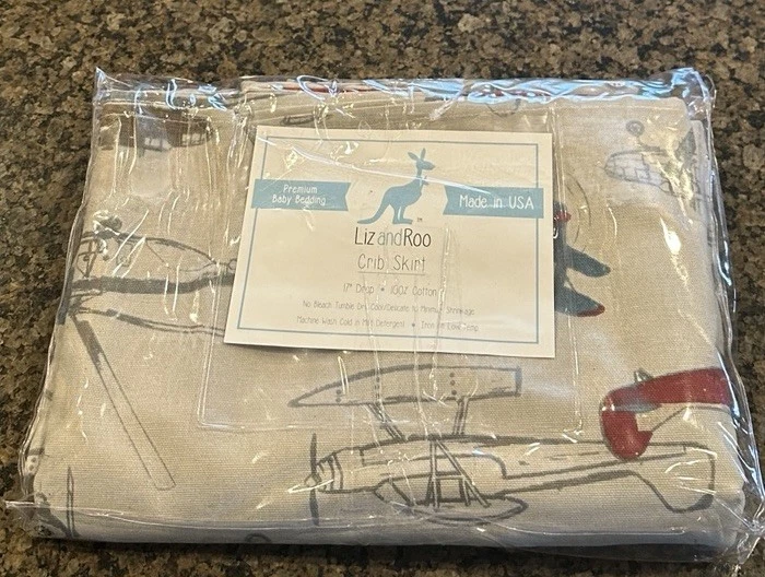 Liz And Roo VINTAGE AIRPLANES Gray Crib Skirt 17" Drop Nursery Bedding