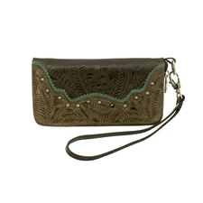 American West Womens Saddle Ridge Chocolate Brown Leather Zip Around Wallet OS