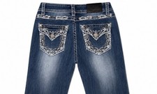 Grace in LA Women  s Medium Wash Slim Bootcut Jeans Embroidered Studded 27x33