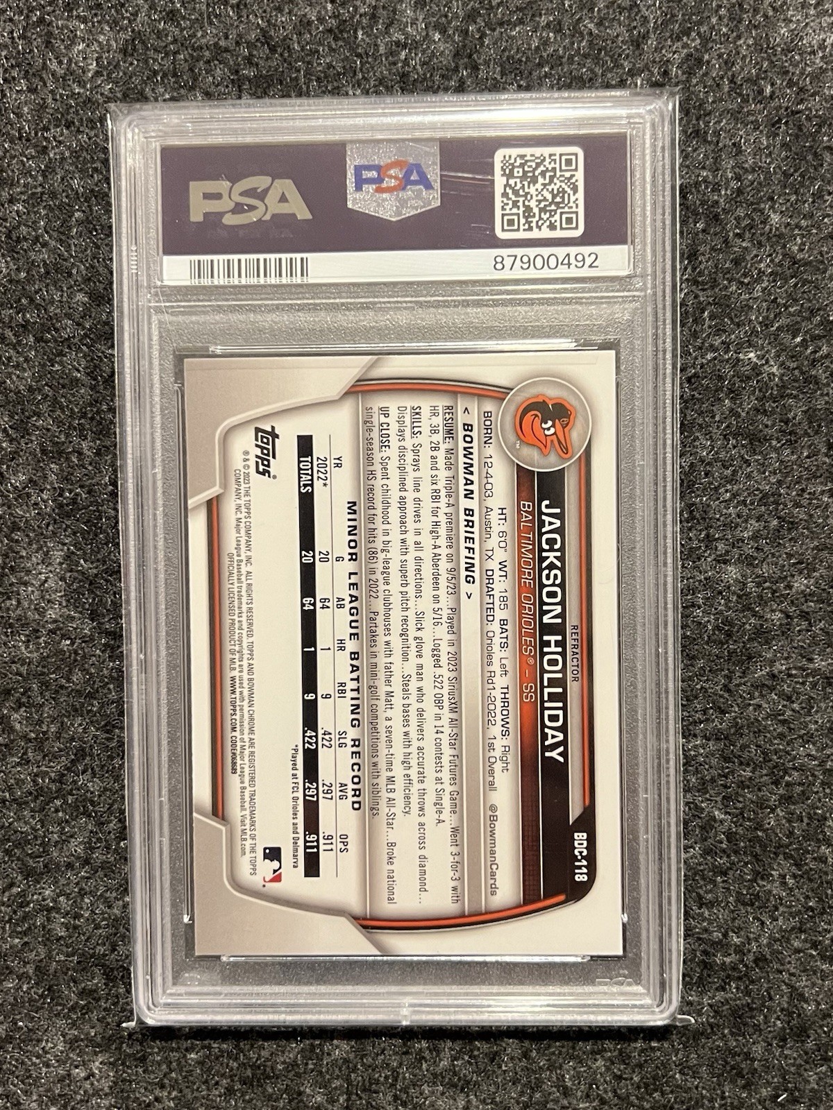 2023 Bowman Chrome Draft Prospects Jackson Holliday Refractor PSA 10 view 2