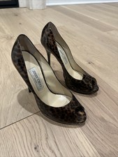 Jimmy Choo Cheetah Print Patent Leather Peep Toe Pumps Women's 37.5