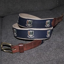LEATHER MAN LTD ESSEX Embroidered Ribbon Belt PINE VALLEY GOLF CLUB Size 36 Blue
