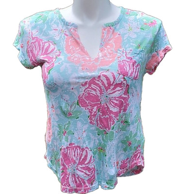 Lilly Pulitzer Duval Linen Shirt Beach Walk Floral Pocket Tee Size Small Top