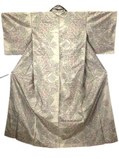 Oshima Tsumugi Silk Kimono Beige L 63in Yuki 25in Japanese Vintage Mint Elegant