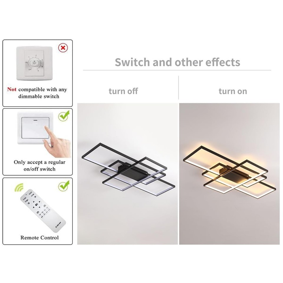 Black Modern LED Ceiling Light, Dimmable Remote Control, 70W, 110cm ...