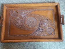 Antique Ornate Frisian Style Carved Wooden Tray With Bakelite Handles