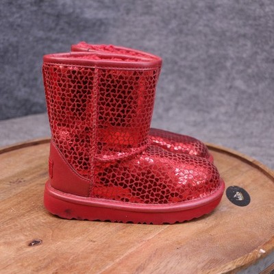 UGG Classic II Gel Hearts Red Sequin Boots 1151613K Kids Size 9 Fur Lined