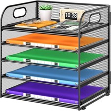 5 Tier Paper Organizer with Handle, Metal Mesh Desk Organizer File 1 Black