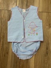Vintage JUDY PHILIPPINE Embroidered Blue 2 Piece Set Scalloped Edges 0-6 Months