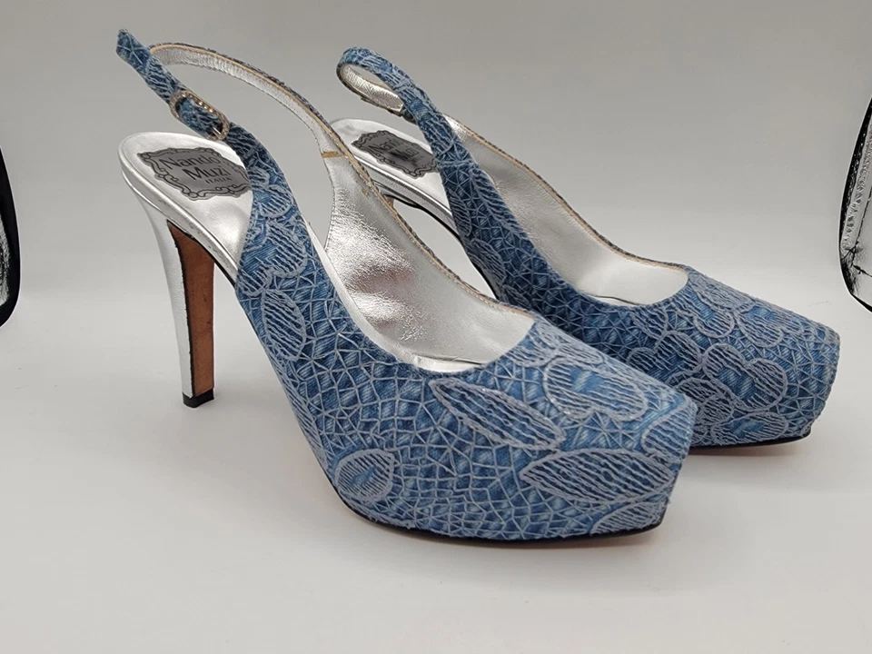 Zapatos de salón de mezclilla Nando Muzi Italia plateados Styletos talla 36 Us6 Foto 2 de 4