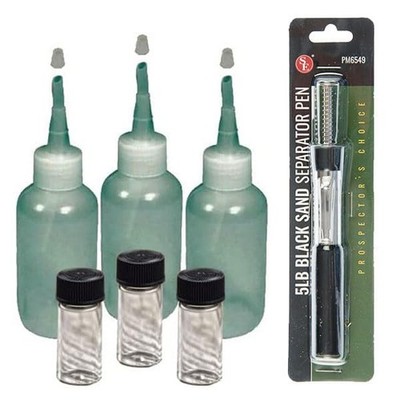 Sluice Monkey (3 3oz Sniffer Bottles and (3) Glass Vial & Pocket Black Sand Magn