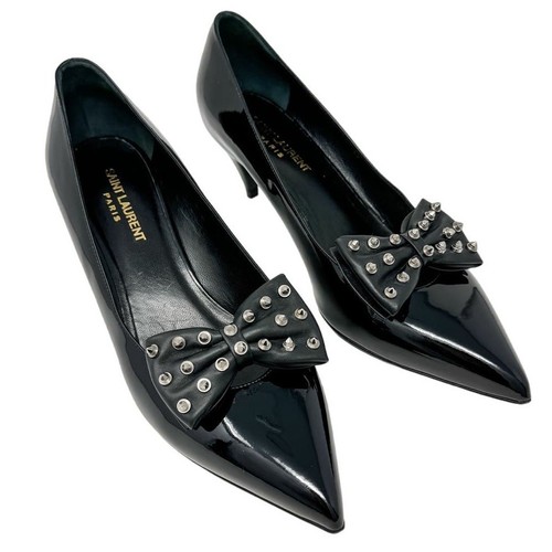 Saint Laurent YSL silver spike studded bow point toe pump kitten heel 50 size 39